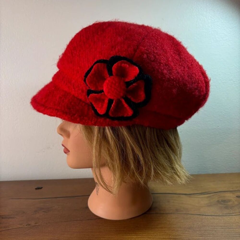 VTG Y2K Dahlia Red Wool Blend Felt Baker Boy Hat Newsboy Cap Indie Sleaze Retro